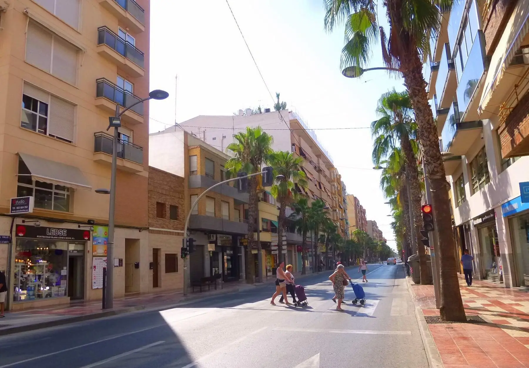 A palm-lined street in San Vicente del Raspeig, with apartment blocks and shops on both sides.